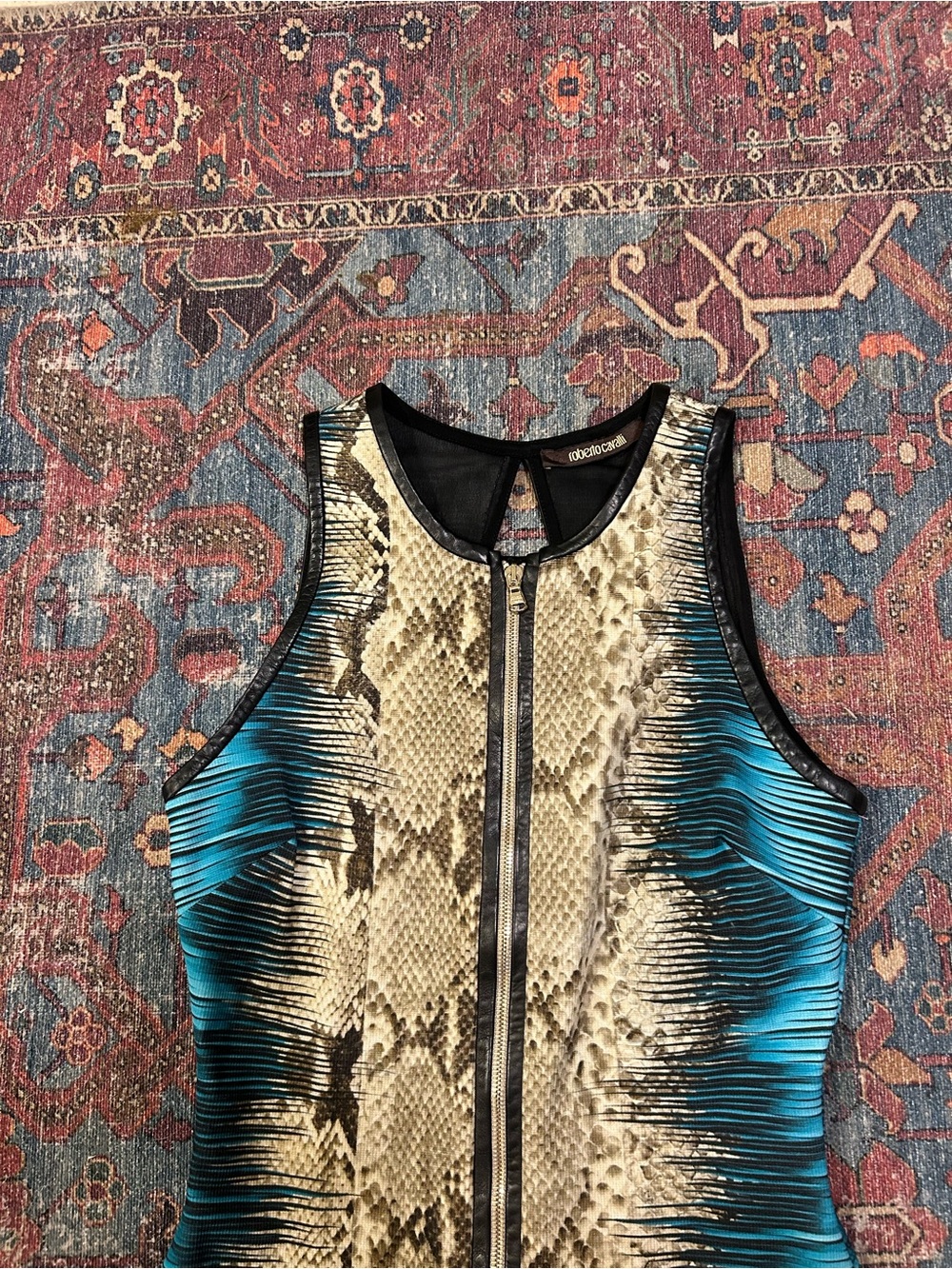 Roberto Cavalli Sleeveless Mini Dress in Blue & Gold Snake Print - Picture 3 of 8